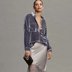 Anthropologie Gray Velvet Button Down Shirt